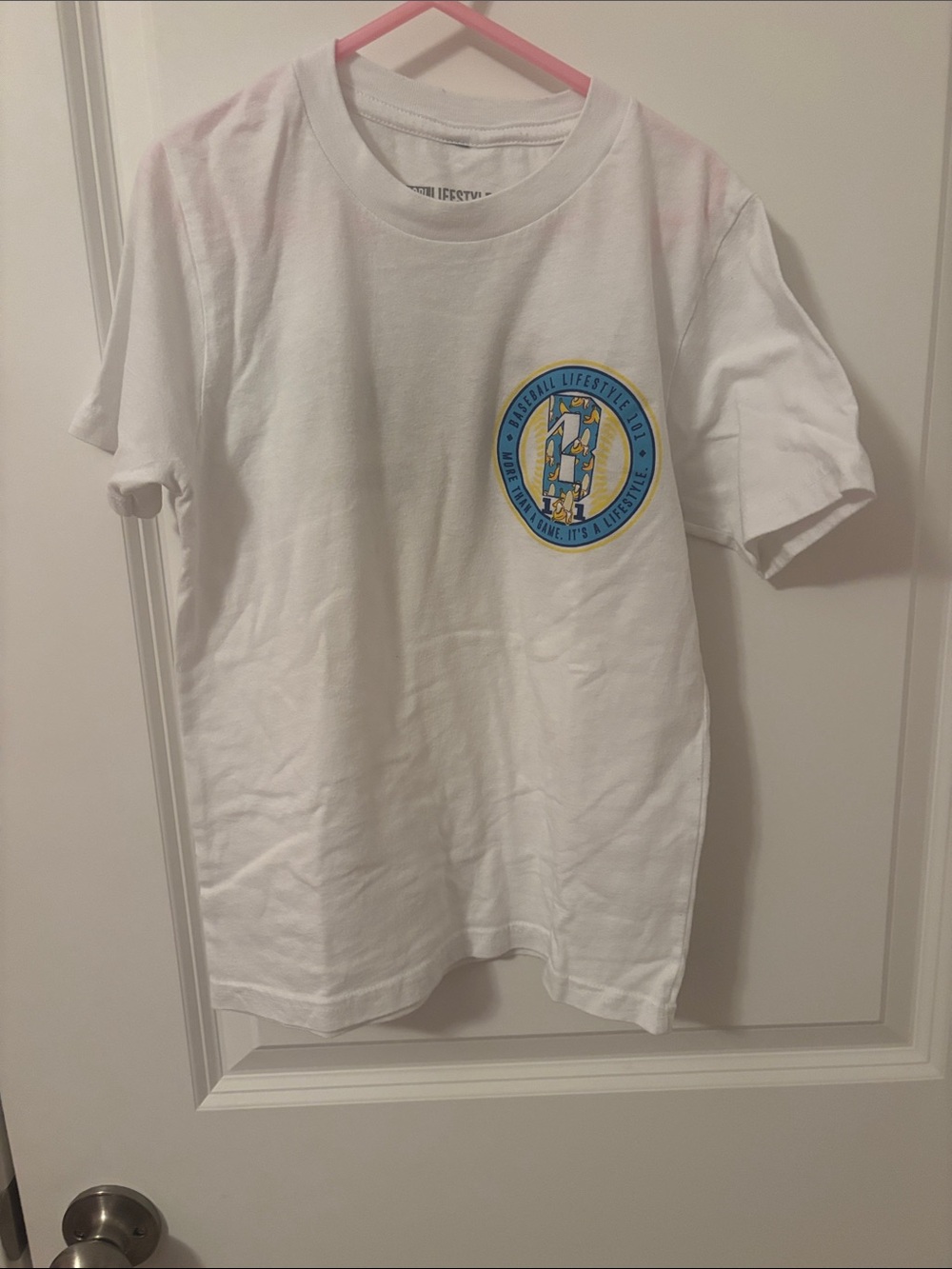 Baseball lifestyle White Kids bananas Graphic Tee with Blue & Yellow Crest